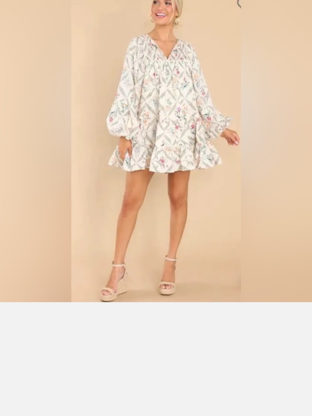 Olivaceous Cream Floral Long-Sleeve Tiered Mini Dress - Picture 9 of 9